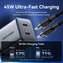 Vention Cargador de Pared GaN TZ-FCDH0-EU 2xUSB-C + Cable USB-C 45W Gris Antracita
